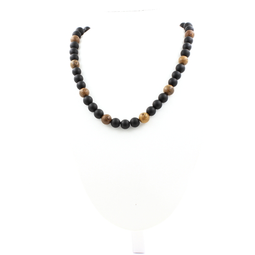 Matte Black Onyx + wood 8 mm bead necklace stainless steel chain