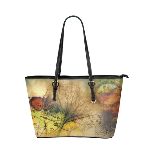 Large Leather Tote Shoulder Bag - Time Clock Print