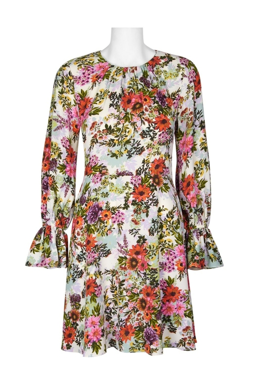 London Times Pleated Crew Neck Circular Flounce Sleeve Flutter Floral