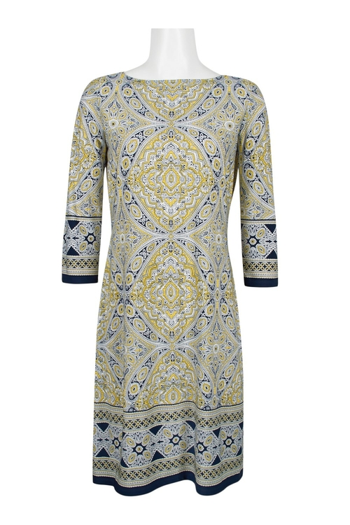 London Times Boat Neck Long Sleeve Multi Print Jersey Dress