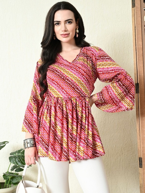 Women Bandhani Printed Bell Sleeves Rayon Tunic (Color Multicolor)