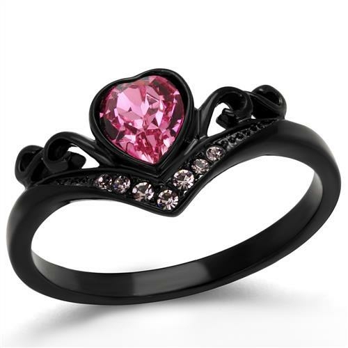 Women IP Black Stainless Steel Ring with Top Grade Crystal in Rose - S
