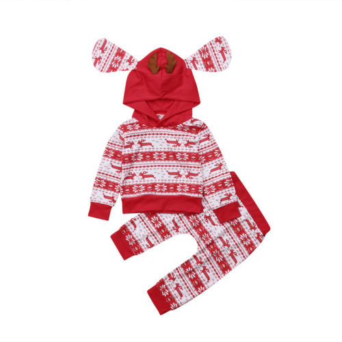 Kids Xmas Hooded Clothes Sets Infant Baby Boy Girl