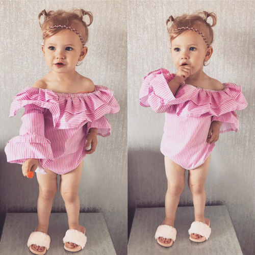 New Baby Girls Infant Stripe Off-Shouder