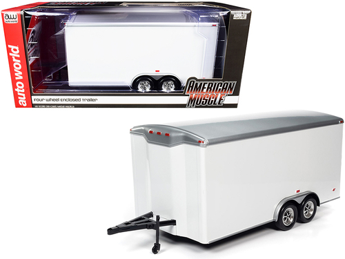 Four Wheel Enclosed Car Trailer White with Silver Top for 1/18 Scale