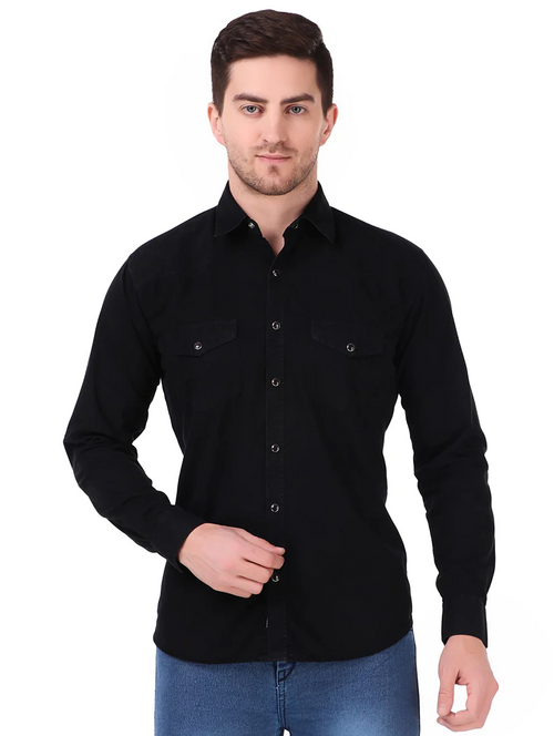 Men's Solid Slim Fit Cotton Casual Shirt BLACK 4XL