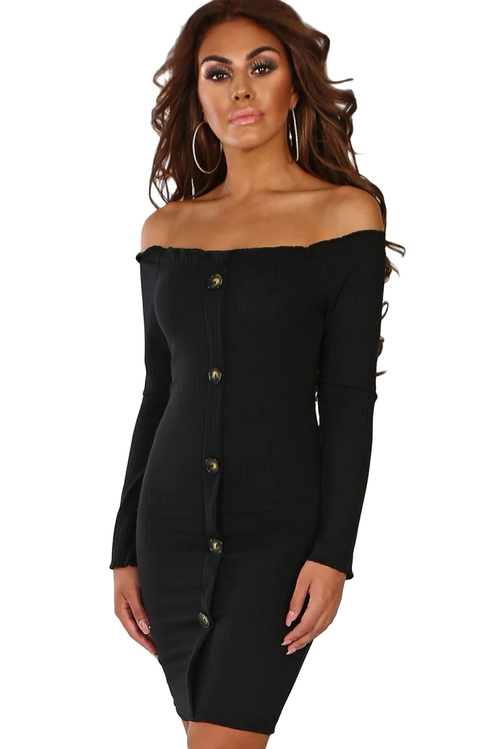 Black Button Front Ribbed Bardot Mini Dress