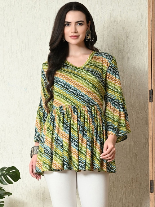 Women Bandhani Printed Bell Sleeves Rayon Tunic (Color Multicolor)