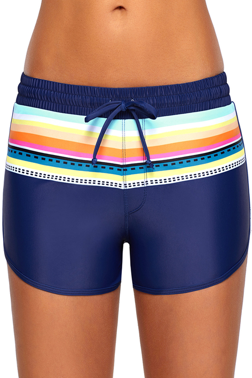 Striped Print Accent Navy Blue Drawstring Board Shorts