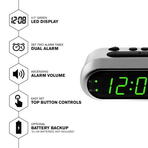 SHARP Digital Dual Alarm Clock, Silver with Green LED Display,