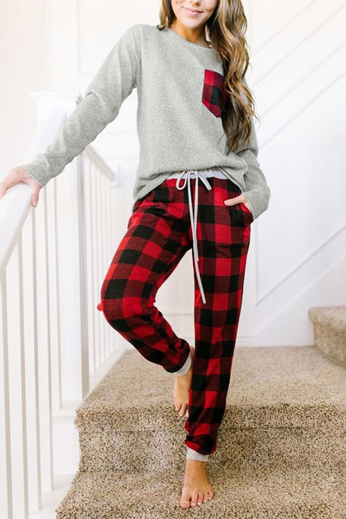Red Plaid Drawstring Loungewear Set with Pocket