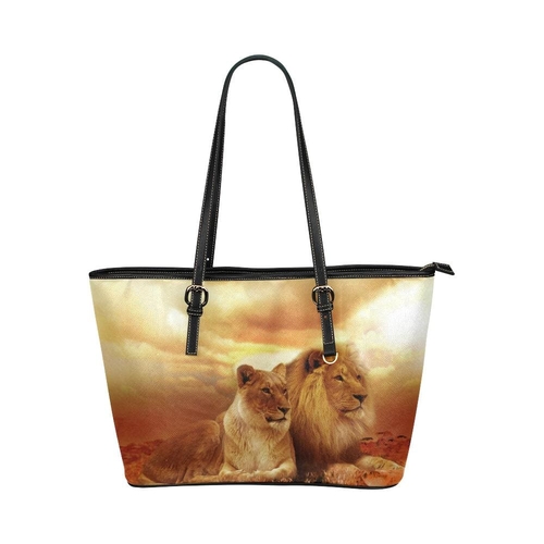 Large Leather Tote Shoulder Bag - Brown Lion and Lioness Illustration