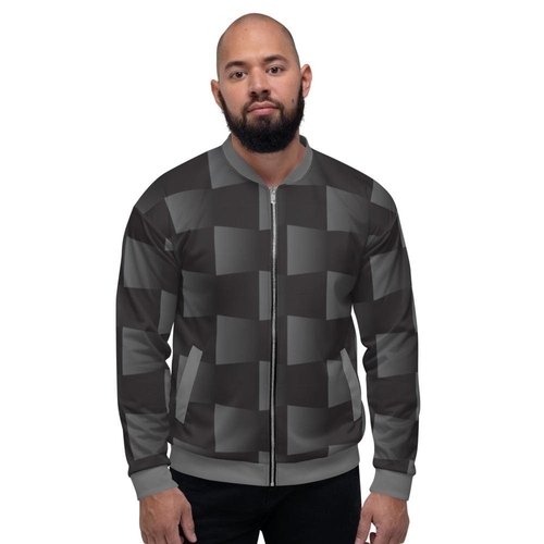Bomber Jacket for Men - Black and Grey 3d Square Block Pattern