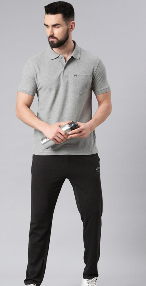 Grey Cotton Polo Tshirt With Pocket