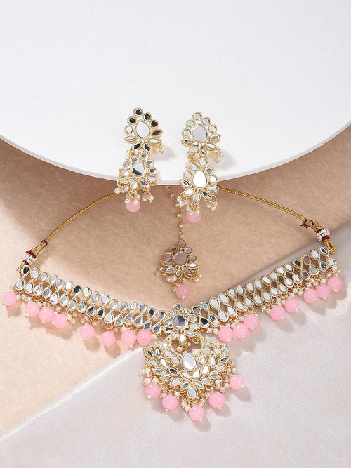 Ethnic Indian Traditional Pink Pearl Kundan Jewellery Set For Women
