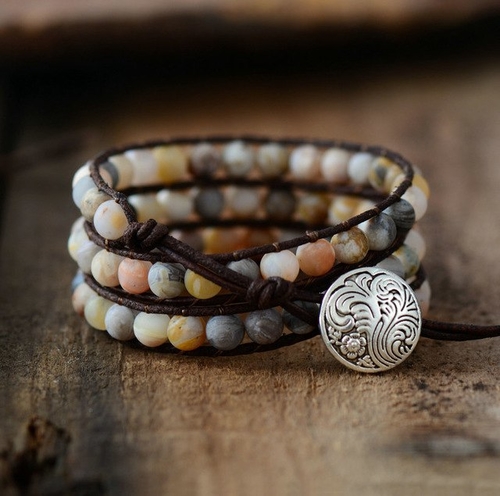 New Leather Bracelets 6MM Matte Stones 3 Strands