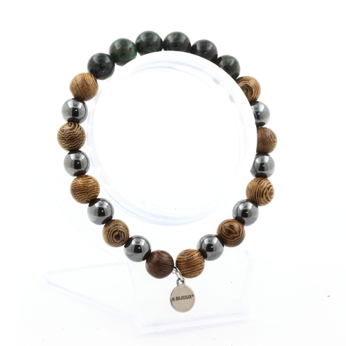 Emerald from Zambia + Hematite + wood 8 mm beads Bracelet.