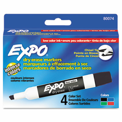 Expo 80074 Low Odor Dry Erase Markers  Chisel Tip  Basic Assorted  4-S