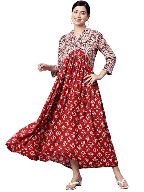 Rayon Paisley Print A-Line Dress (Size-XL) (COLOR-RED)