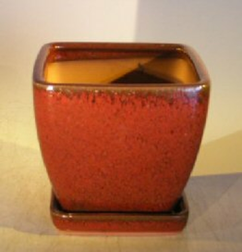 Parisian Red Ceramic Bonsai PotSquare With Attached Tray 5" x 5" x