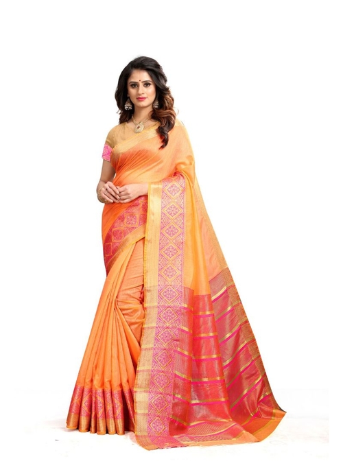 Generic Women's Cotton Silk Saree(Orange, 5.5-6