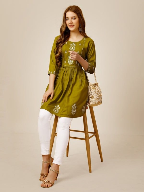 Women Embroidered Rayon Top (Size-38) (Color-MEHANDI)