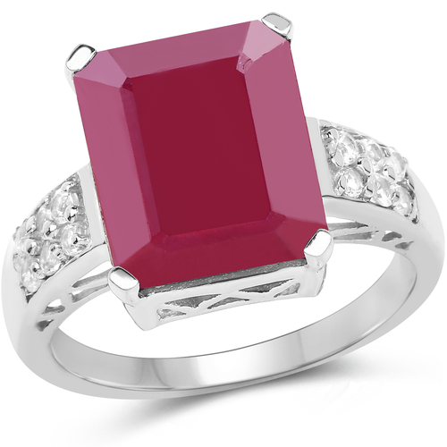 7.26 Carat Glass Filled Ruby and White Topaz .925 Sterling Silver Ring