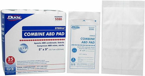 Dukal Abdominal Pads. Pack of 25 Sterile ABD Pads 5" x 9". Highly