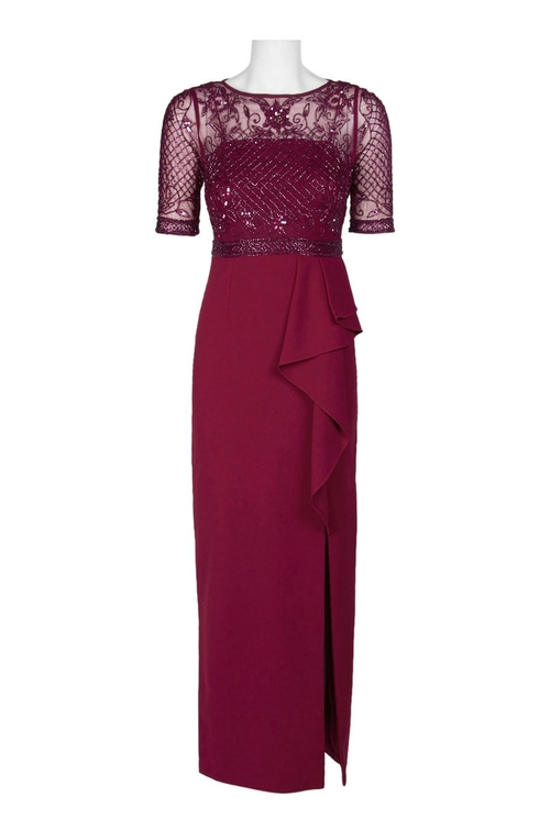 Adrianna Papell Crew Neck 3/4 Sleeve Illusion Embellished Mesh Bodice