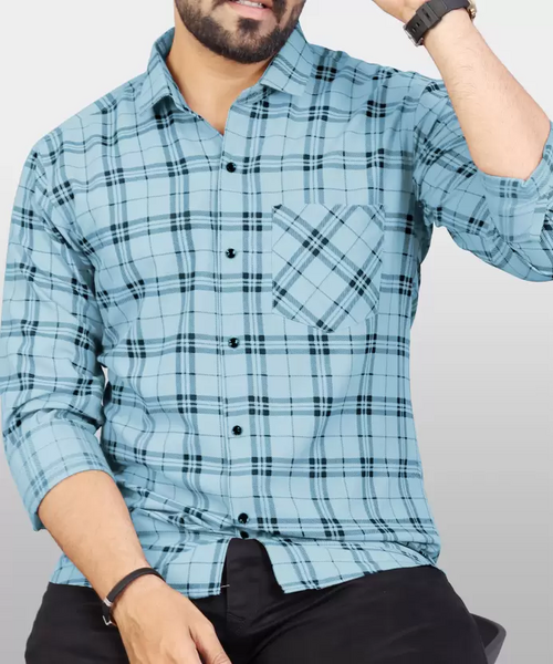 Men Regular Fit Checkered Spread Collar Casual Shirt Sky Blue (Size L)
