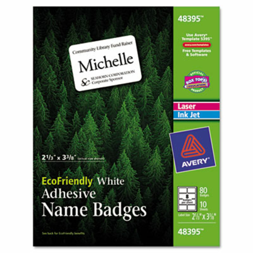 Avery 48395 EcoFriendly Name Badge Labels  2-1/3 x 3-3/8  White  80/Pa