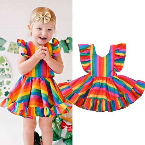 Sweet Kids Baby Girl Rainbow Dress Ruffle Sleeve