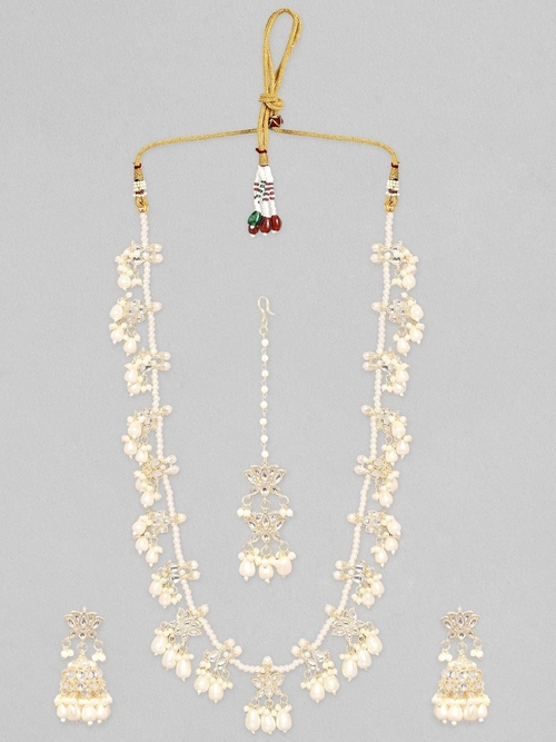 Gold Plated Pearl Studded Necklace, Earring & Maangtikka Set.