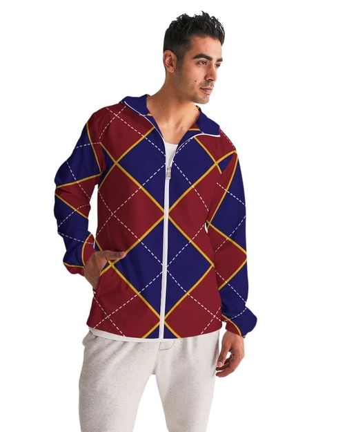 Mens Windbreaker Jacket - Hooded / Red and Blue Argyle - J1301m0