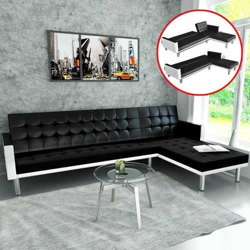 L-shaped Sofa Bed Faux Leather Black
