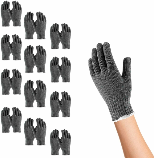 12 Pack Gray String Knit Gloves 10". Cotton Polyester Gloves. Washable