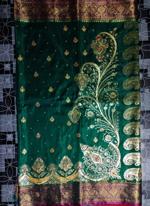 Women's Satin Lachchha Ambrodry Saree Green