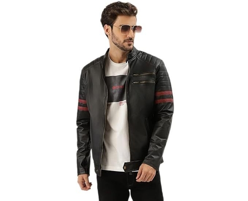 Men's Leather Jacket for Winters Stripped Sleeves Design (Size-M)