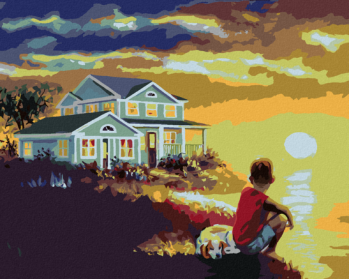 Zuty - Paint by Numbers - A BOY WITH A DOG BY THE SEA AND THE SUNSET