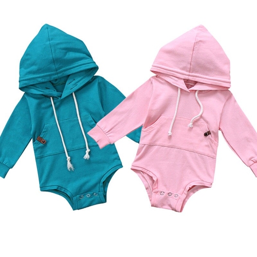 Baby Boy Girl Solid Pink Green Hooded Bodysuit