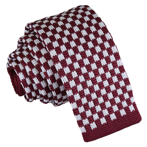 Check Knitted Skinny Tie - White & Burgundy
