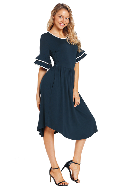 Slate Blue Layered Bell Sleeve Dress
