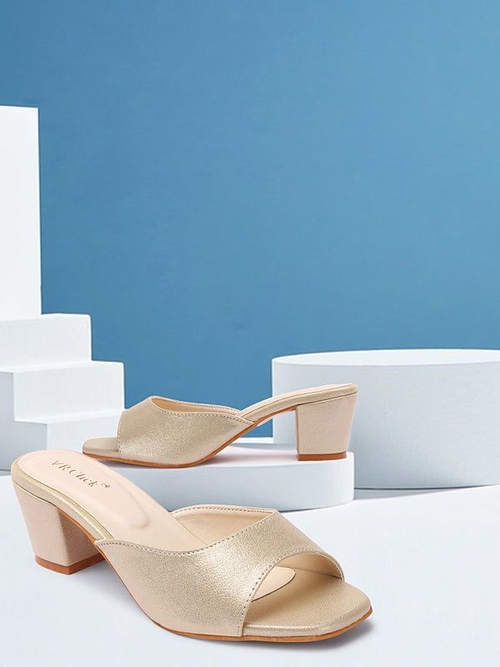 Open-Toe Chunky Heeled Slipers (Size-40) (Color-GOLD)