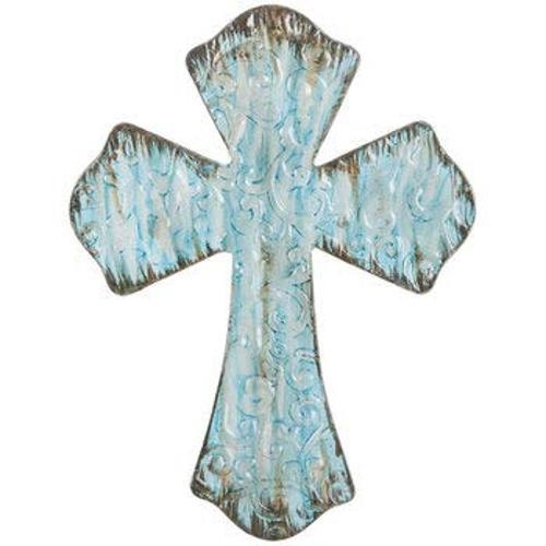 Rustic Turquoise Metal Wall Cross with Embossed Swirls