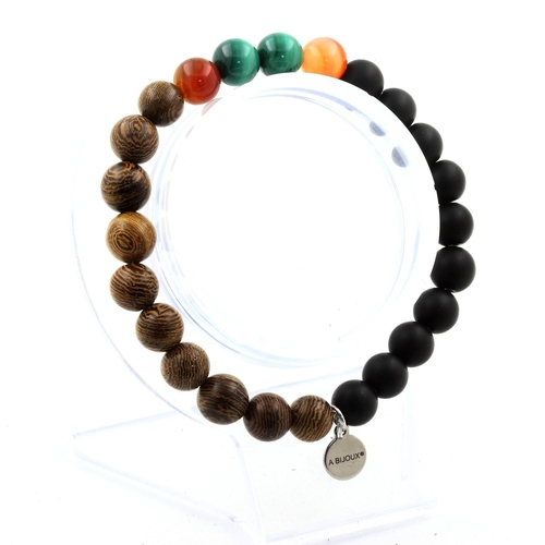 Malachite + banded Agate + Matte Black Onyx + Wood Bracelet 