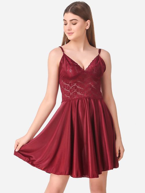 Romaisa Women's Satin Solid Maroon Above Knee Length Babydoll