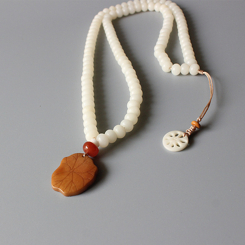 White Bodhi Seed Beaded Necklace With