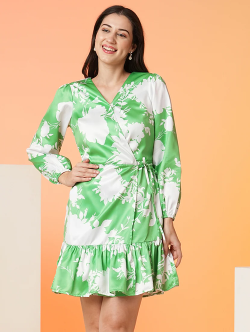 Green Polyester Fit & Flare Dress (Size-M) (Color-GREEN)