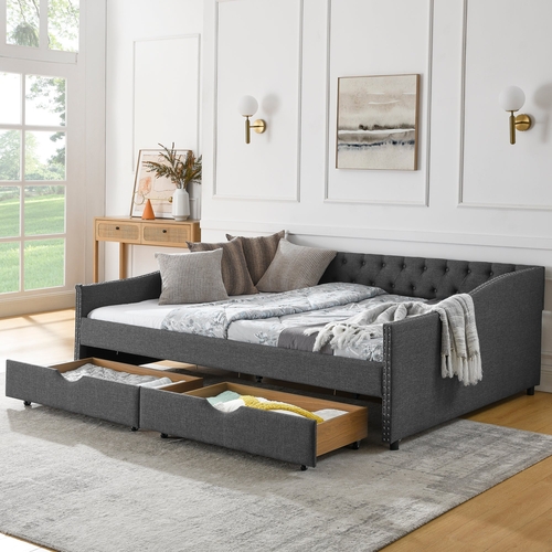 Queen Size Daybed with Drawers Upholstered Tufted Sofa Bed,,with