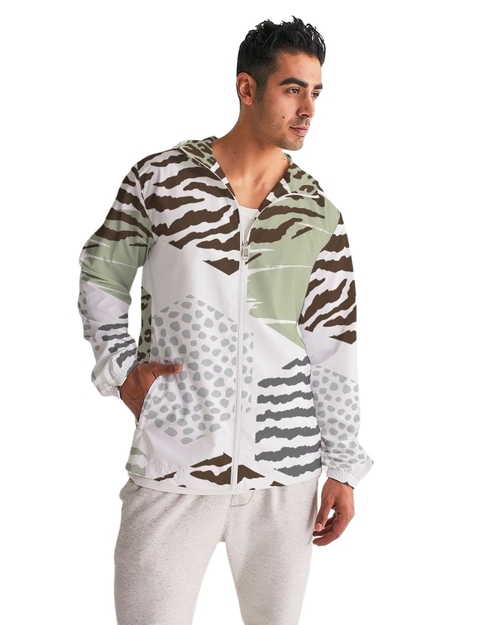 Mens Windbreaker Jacket / Brown and Green Geometric